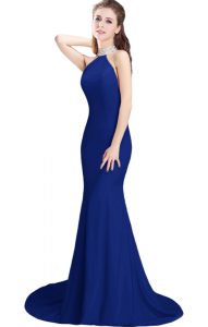 Royal Blue Mermaid Halter Top Sleeveless Elastic Woven Satin Brush Train Side Zipper Beading Prom Evening Gown