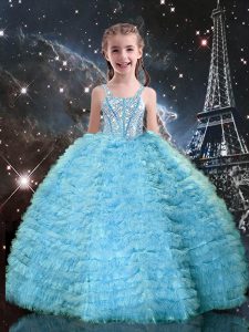 Sleeveless Tulle Floor Length Lace Up Pageant Dress Womens in Aqua Blue with Beading and Ruffled Layers