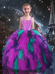 Fashionable Fuchsia Sleeveless Floor Length Beading and Ruffles Lace Up Little Girl Pageant Gowns