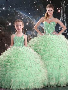 Noble Floor Length Lace Up 15 Quinceanera Dress Apple Green for Military Ball and Sweet 16 and Quinceanera with Beading 