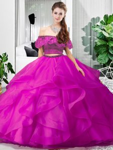 Hot Selling Fuchsia Two Pieces Off The Shoulder Sleeveless Tulle Floor Length Lace Up Lace and Ruffles Quinceanera Gown