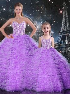 Lavender Sweetheart Lace Up Beading and Ruffles Quince Ball Gowns Sleeveless