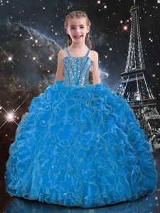Discount Baby Blue Ball Gowns Organza Straps Sleeveless Beading and Ruffles Floor Length Lace Up Little Girls Pageant Dr