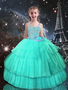Nice Turquoise Sleeveless Tulle Lace Up Pageant Dress for Girls for Quinceanera and Wedding Party