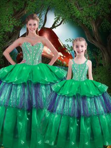Green Sleeveless Organza Lace Up 15th Birthday Dress for Military Ball and Sweet 16 and Quinceanera