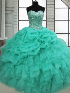 Suitable Turquoise Sleeveless Floor Length Beading and Ruffles and Pick Ups Lace Up Quinceanera Gowns