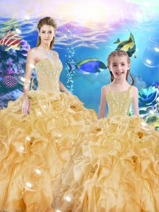 Elegant Gold Ball Gowns Organza Sweetheart Sleeveless Beading and Ruffles Floor Length Lace Up Quinceanera Gowns