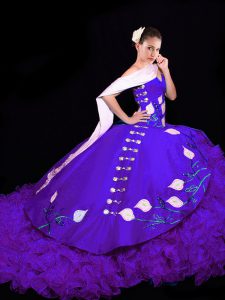 Superior Organza Sweetheart Sleeveless Brush Train Lace Up Embroidery and Ruffles 15th Birthday Dress in Purple