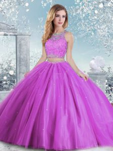 Lilac Ball Gowns Scoop Sleeveless Tulle Floor Length Clasp Handle Beading and Sequins Sweet 16 Quinceanera Dress