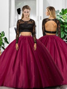 Edgy Fuchsia Tulle Backless 15th Birthday Dress Long Sleeves Floor Length Lace and Ruching