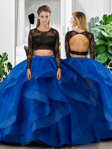 Blue Long Sleeves Lace and Ruffles Floor Length Quince Ball Gowns