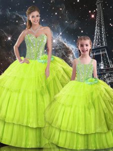Yellow Green Ball Gowns Organza Sweetheart Sleeveless Ruffled Layers Floor Length Lace Up Quinceanera Gown
