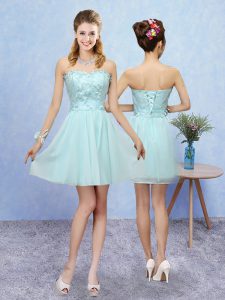 Aqua Blue Sleeveless Mini Length Appliques Lace Up Bridesmaid Gown