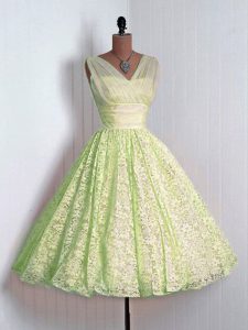 Fashionable Yellow Green Lace Up Bridesmaid Gown Lace Sleeveless Mini Length