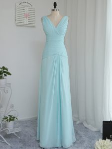 V-neck Sleeveless Bridesmaids Dress Floor Length Ruching Aqua Blue Chiffon