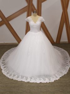 Sophisticated Lace Up Bridal Gown White for Beach and Wedding Party with Beading and Lace and Appliques Chapel Train