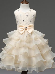 Stylish Organza Scoop Sleeveless Zipper Lace and Ruffled Layers and Bowknot Kids Pageant Dress in Champagne