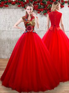 Inexpensive Red Lace Up High-neck Appliques Vestidos de Quinceanera Organza Short Sleeves