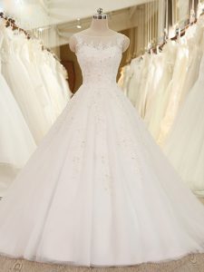 Great White A-line Scoop Sleeveless Tulle Lace Up Lace and Appliques Bridal Gown