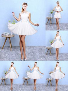 Super Knee Length White Bridesmaid Dress Chiffon Sleeveless Lace and Appliques