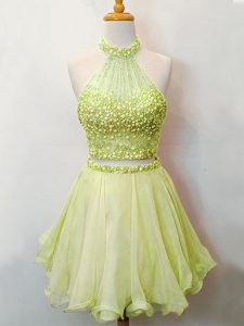 Most Popular Yellow Green Two Pieces Halter Top Sleeveless Organza Knee Length Lace Up Beading Court Dresses for Sweet 1