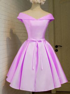 Lilac A-line Taffeta Off The Shoulder Cap Sleeves Belt Knee Length Lace Up Wedding Party Dress