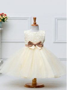 Knee Length Champagne Flower Girl Dresses for Less Tulle Sleeveless Lace and Bowknot