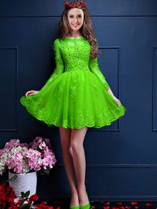 Beading and Lace and Appliques Bridesmaid Dresses Green Lace Up 3 4 Length Sleeve Mini Length