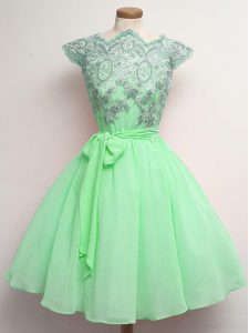 Flare A-line Wedding Guest Dresses Apple Green Scalloped Chiffon Cap Sleeves Knee Length Lace Up
