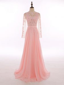 Flare Peach Empire Lace and Appliques Going Out Dresses Zipper Chiffon Sleeveless Floor Length