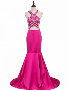 Spectacular Sleeveless Beading Backless Evening Gowns with Hot Pink Brush Train