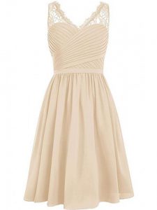 On Sale Champagne V-neck Neckline Lace and Ruching Bridesmaid Dresses Sleeveless Side Zipper