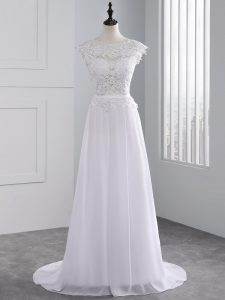Chiffon Cap Sleeves Wedding Gown Brush Train and Lace