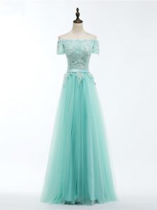 Scalloped Short Sleeves Womens Evening Dresses Floor Length Lace and Appliques Apple Green Tulle