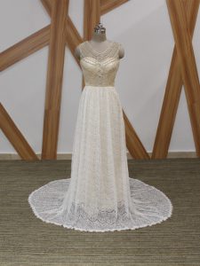 Gorgeous White Lace Side Zipper Bridal Gown Sleeveless Brush Train Beading and Lace