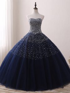 Elegant Tulle Sweetheart Sleeveless Lace Up Beading Sweet 16 Quinceanera Dress in Navy Blue