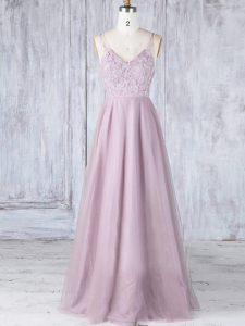 Floor Length Clasp Handle Wedding Party Dress Pink for Prom and Party and Wedding Party with Lace