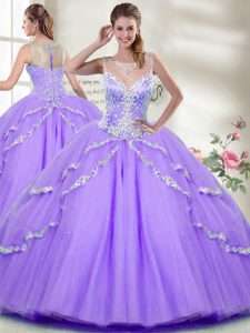 Customized Lavender Sleeveless Floor Length Beading Zipper Sweet 16 Dresses