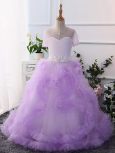 Sweet Lavender Ball Gowns Scoop Short Sleeves Tulle Floor Length Clasp Handle Beading Little Girl Pageant Gowns