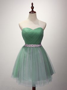 Green A-line Beading and Ruching Bridesmaid Dress Lace Up Tulle Sleeveless Mini Length