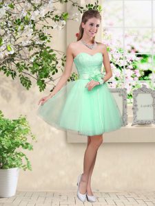 Modest Apple Green Sleeveless Knee Length Lace and Belt Lace Up Bridesmaid Dresses