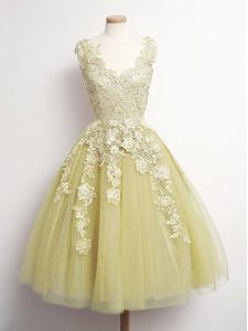 Custom Made A-line Bridesmaid Gown Yellow V-neck Tulle Sleeveless Knee Length Lace Up