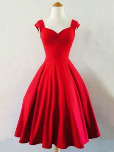 Red A-line Taffeta Straps Sleeveless Ruching Mini Length Lace Up Bridesmaid Dress