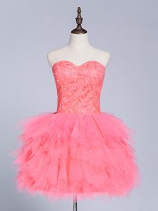 Dazzling Watermelon Red Lace Up Prom Party Dress Lace and Appliques Sleeveless Mini Length