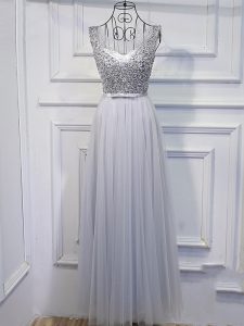 Grey Scoop Lace Up Beading and Sequins Prom Dress Sleeveless