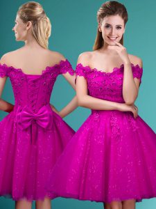 Cute Fuchsia Lace Up Off The Shoulder Lace and Belt Quinceanera Court Dresses Tulle Cap Sleeves
