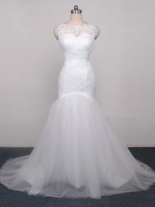 White Lace Up Scoop Lace and Appliques and Ruching Wedding Dress Tulle Sleeveless Brush Train
