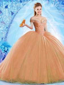 Orange Sleeveless Organza Brush Train Lace Up Quinceanera Dress for Military Ball and Sweet 16 and Quinceanera