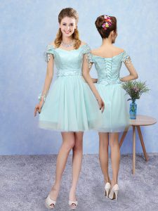 Aqua Blue Short Sleeves Mini Length Lace Lace Up Wedding Guest Dresses