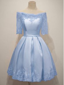 Most Popular Light Blue A-line Taffeta Off The Shoulder Half Sleeves Lace Knee Length Lace Up Wedding Guest Dresses